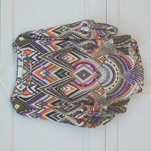 Chico’s Roll Tab Sleeve Geo Blouse Hippie Boho Peasant Tunic Top Sz 1 U Sz Med